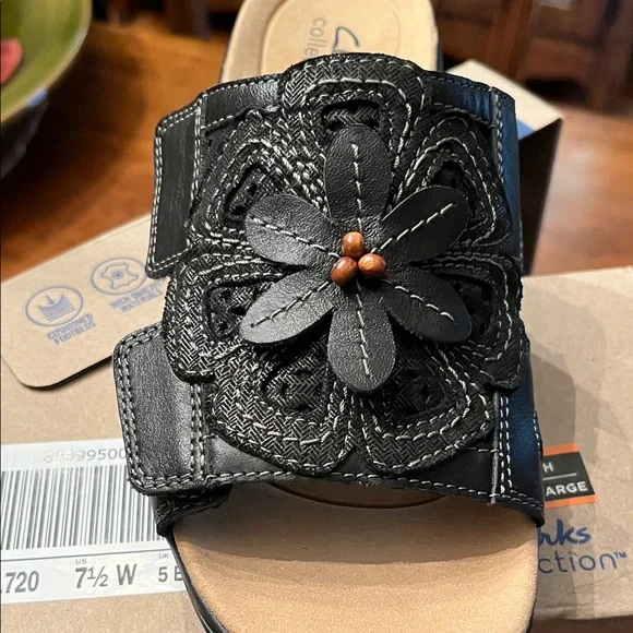 NEW Clarks Black Floral Embellished Mules - Picture 4 of 6